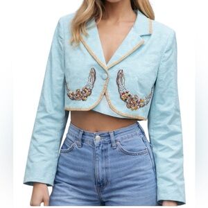 Spy Zone Exchange Cropped Bolero Tapestry Jacket Beaded & Embroidered Aqua Blue